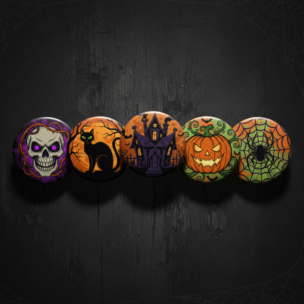 Creepy Halloween Pinback 1.25-inch 5 Pcs