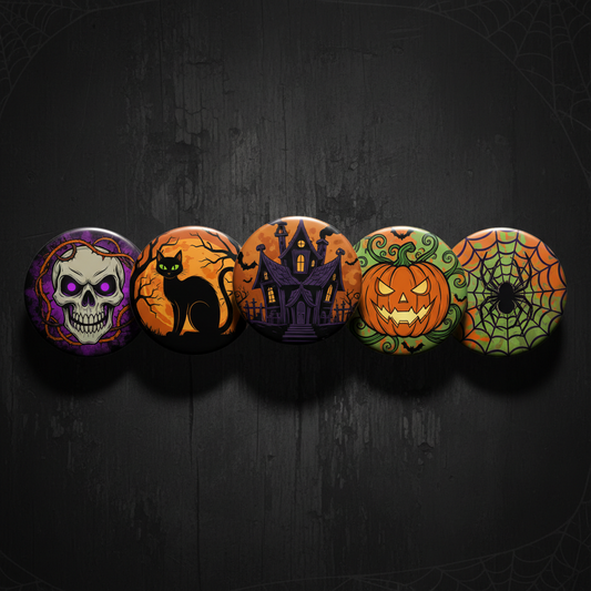 Halloween pinback button set of 5 with skull, haunted house, pumpkins, and spider design