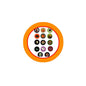 Halloween pinback badge with orange rim and small pumpkin-face icons in a circle