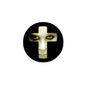 Round cross-face pinback button with black border, 2.25-inch