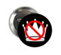 Black pinback button with red prohibition slash over white crown icon