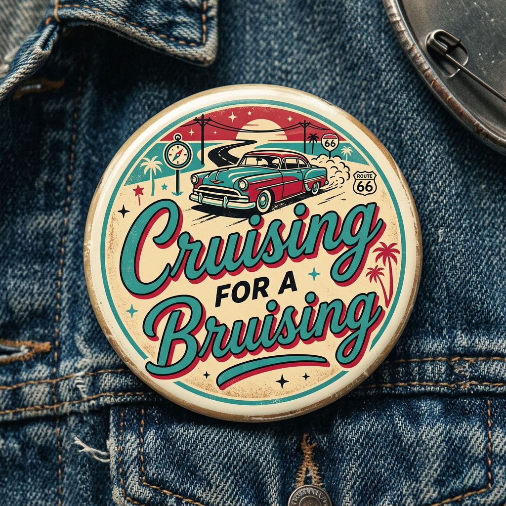 Cruising for a bruising Silent Generation MEM Pin Button 2.25-inch