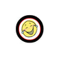 1.25-inch crying emoji cartoon pin badge, black ring with yellow face and blue tear