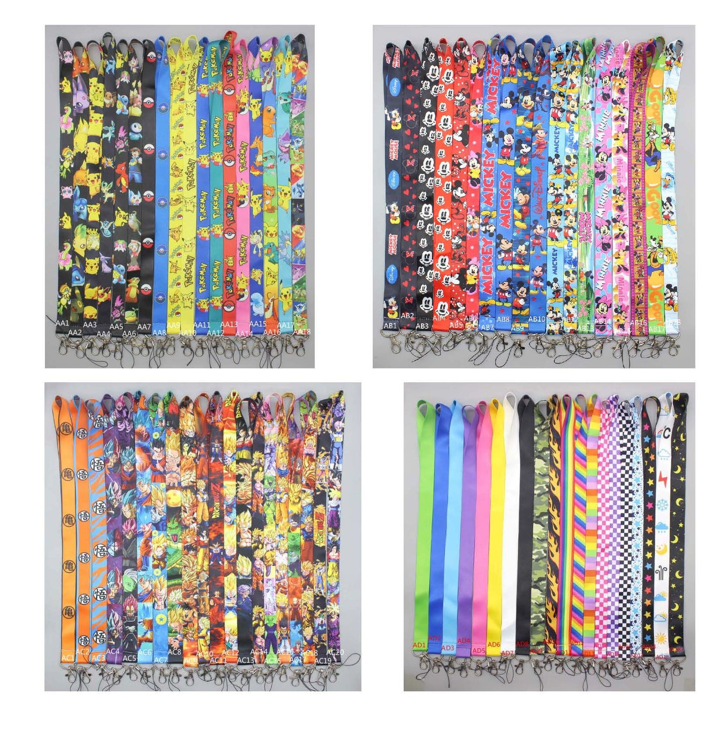 Assorted 100-pack lanyards with colorful patterns, clips, and ID card holders