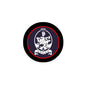 Round black pinback button with red ring and Cullen crest emblem, 1.25-inch