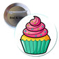 Round cupcake pinback button with pink frosting and sprinkles, colorful teal base