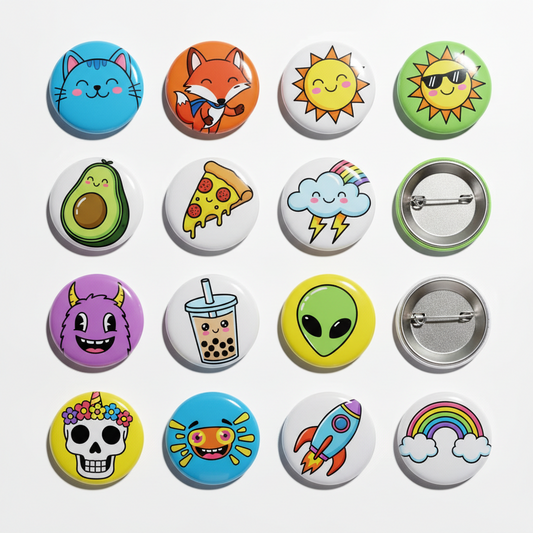 Set of 12 round pinback buttons with colorful cartoon character designs