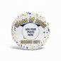 A round pinback button badge featuring a 'Class of 2026 Senior Gift' graduation design. The badge has a white background decorated with gold and navy blue confetti, streamers, and stars, with a navy blue and gold graduation cap and diploma illustration in the center.