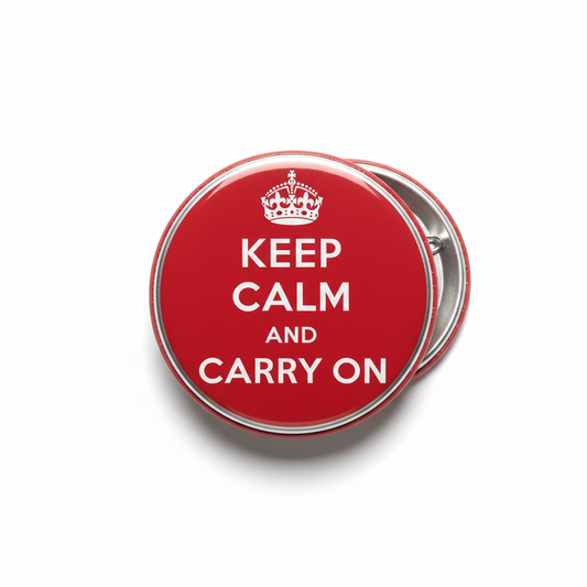 Red round pinback button with crown and text 'KEEP CALM AND CARRY ON'