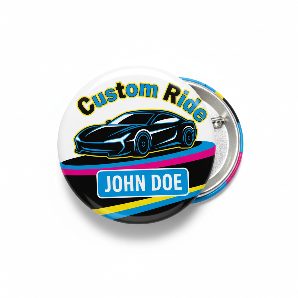 Round pinback badge with custom ride car graphic and name label "JOHN DOE"