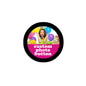 1.25-inch round photo magnet with colorful image, 'custom photo button' text, black edge