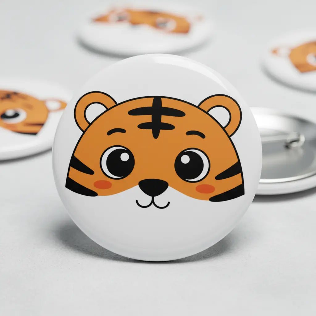 Round tiger cartoon face pinback button with orange-brown fur and black stripes