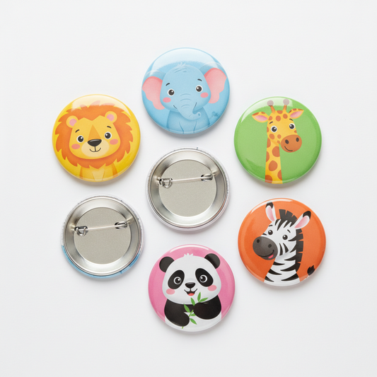Set of five zoo animal pinback buttons, round colorful faces with metal pin backs.