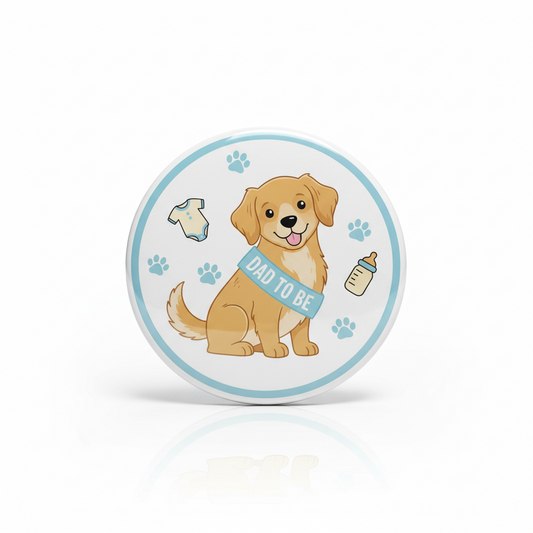 2.25-inch pinback button with tan dog and “Dad to Be” text, baby bottle and onesie