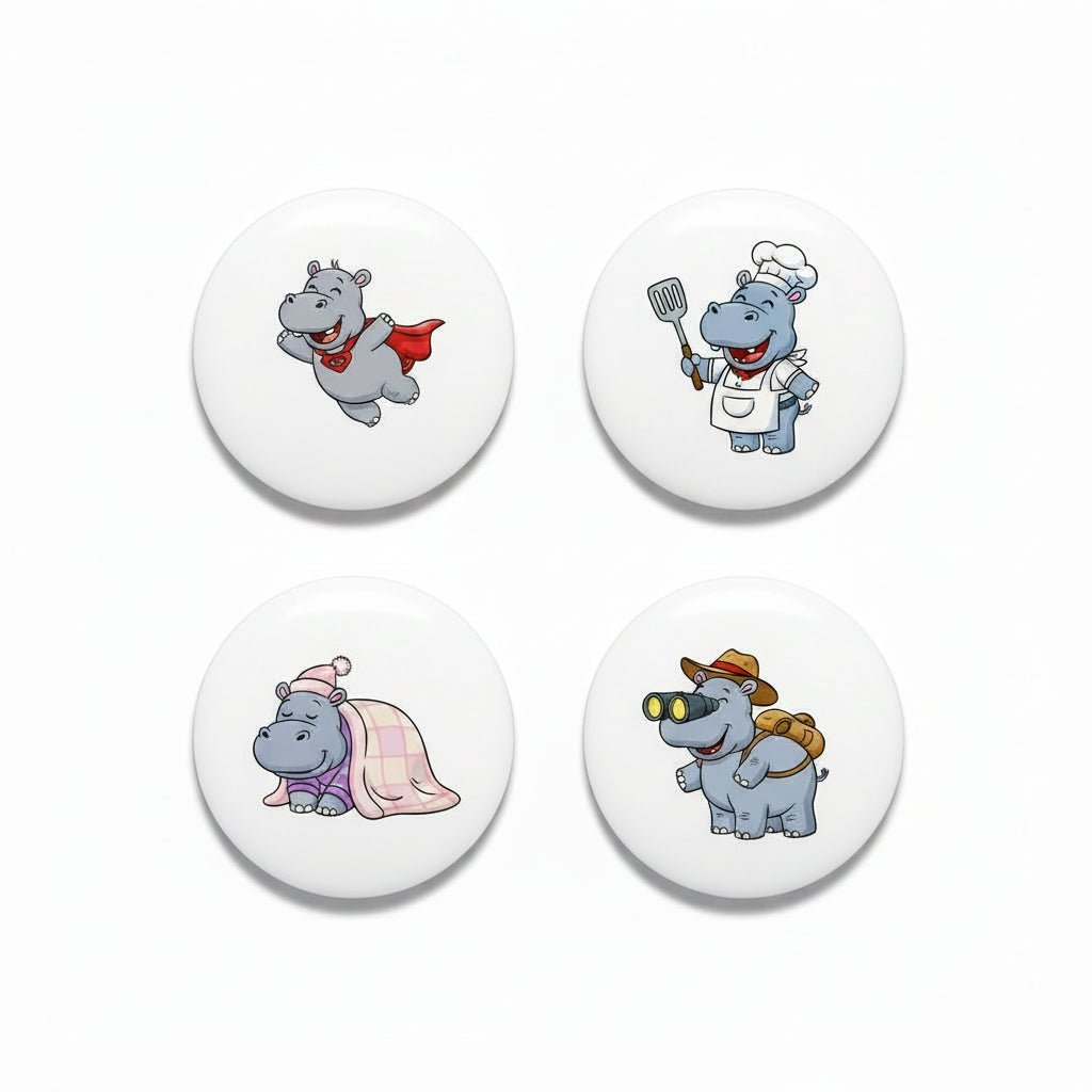 Cute Hippos Pinback Button Badges 1.25-inch 4 Pcs - My Pinbacks