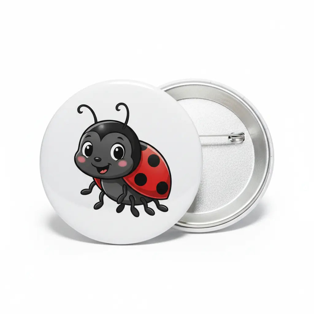 Ladybug insect enamel pinback button with smiling cartoon ladybird, silver backing