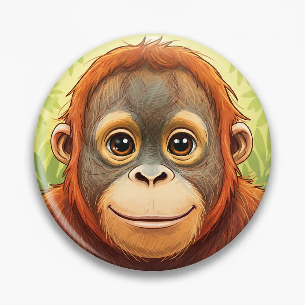 2.25-inch orangutan pinback button with smiling face illustration, round design