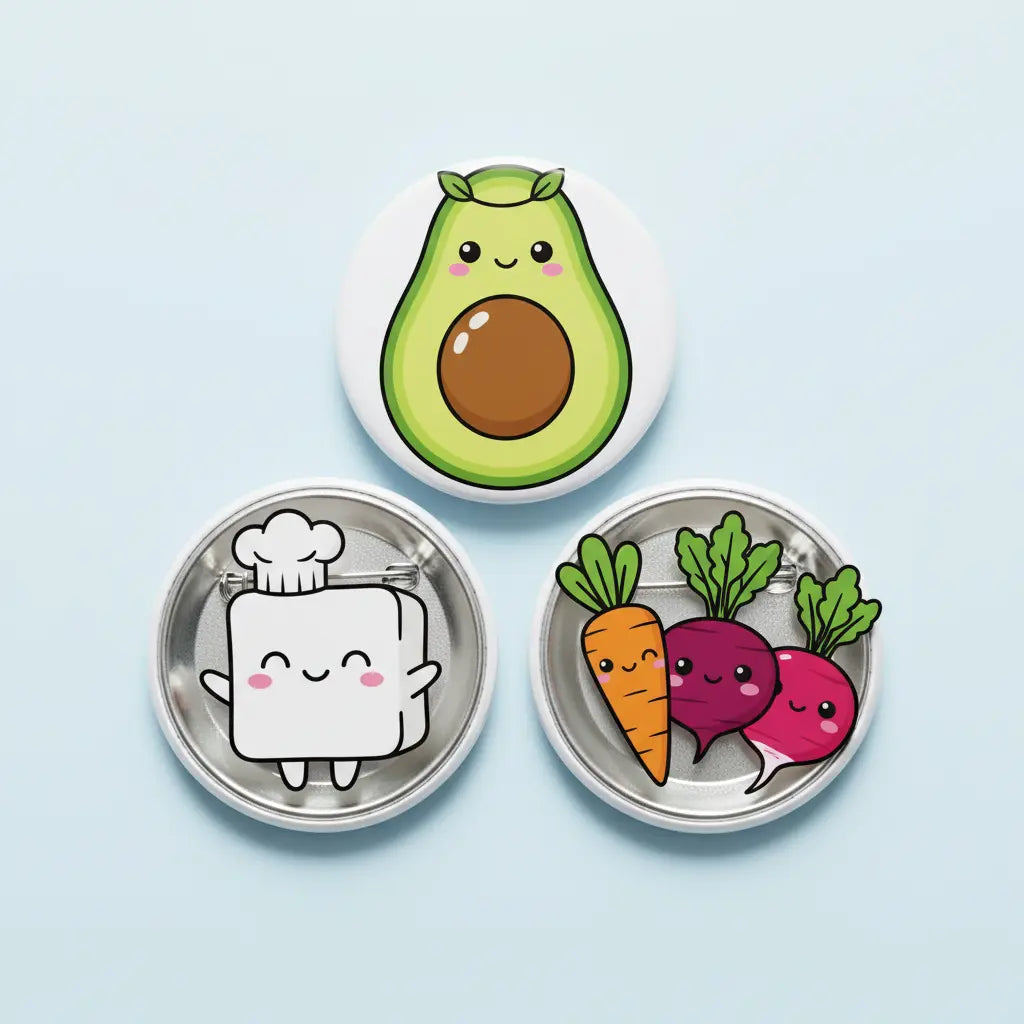 Set of three circular pinback buttons with cute avocado, tofu, and veggie characters