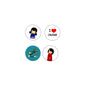 Set of 4 round pinback buttons with cartoon designs and “I ♥ Japan” graphic