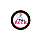 Round pinback button with black rim and CNAs ROCK logo, red and white center