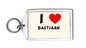 Personalized keychain with metal keyring; tag reads 'I ♥ BASTIAAN'.