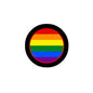 Rainbow pride pinback button with black edge, circular design