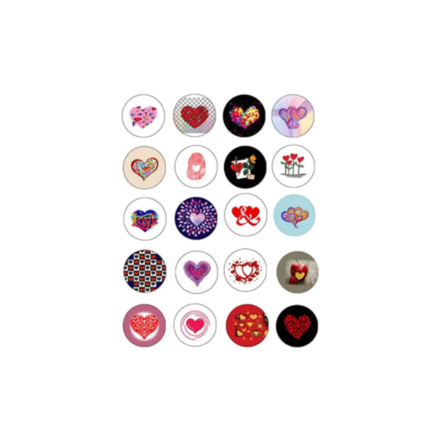 Round heart-themed retro love pinbacks, assorted designs in multiple colors