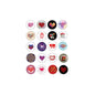 Round heart-themed retro love pinbacks, assorted designs in multiple colors