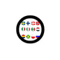 Round pinback button with collage of country flags in a dark border