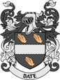 Family crest arms magnet with shield and raised hands, "BATE" banner