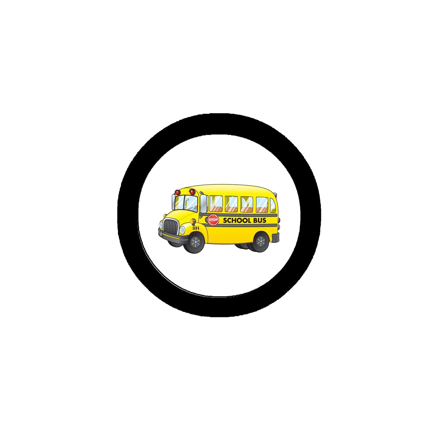 Round school bus cartoon pinback badge with black border and yellow school bus design