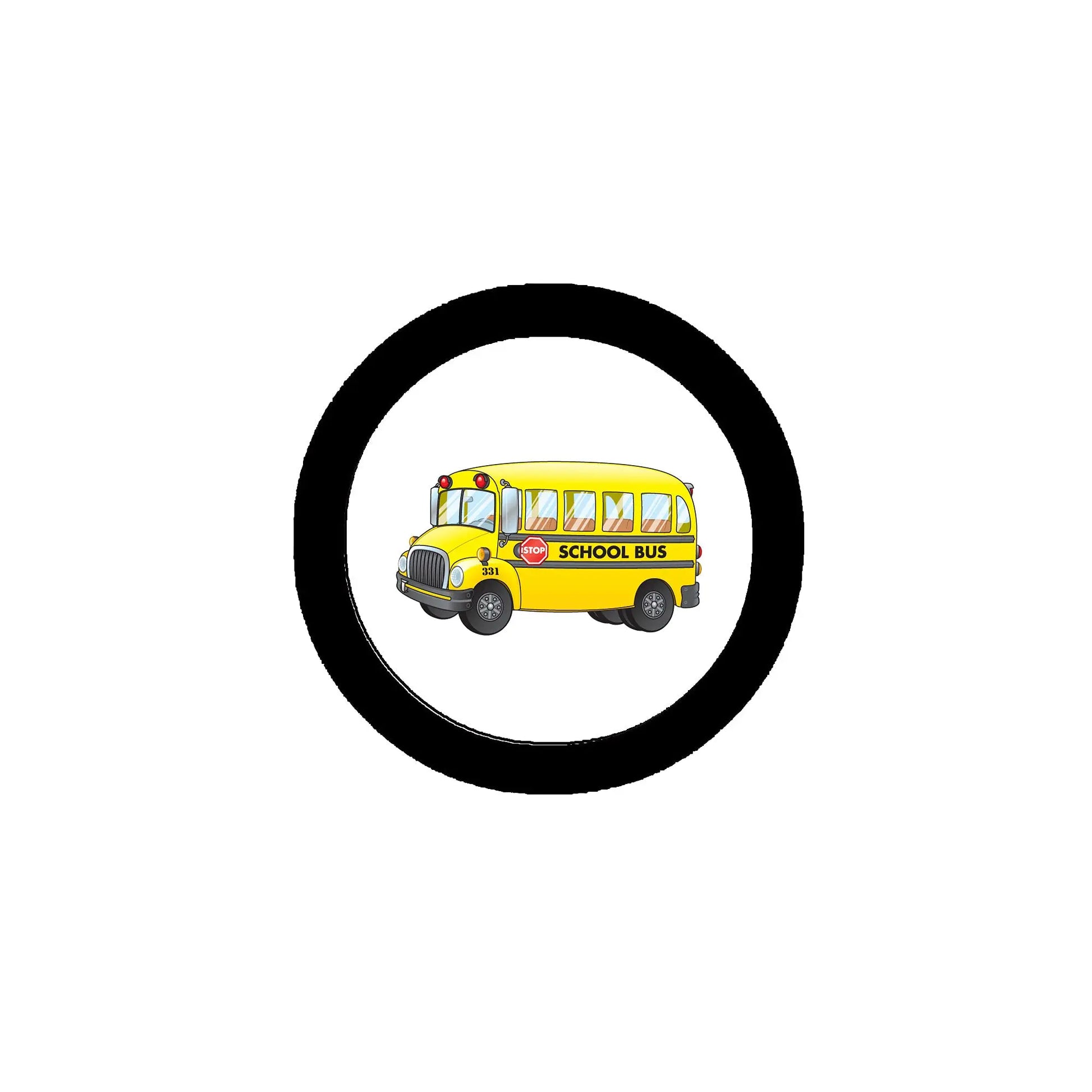 Round school bus cartoon pinback badge with black border and yellow school bus design