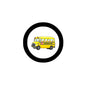 Round school bus cartoon pinback badge with black border and yellow school bus design