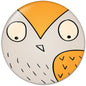 Hand-drawn owl pinback button, cream and orange with large cartoon eyes and beak.