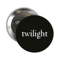 2.25-inch pinback badge with black face and white 'twilight' logo, silver pinback