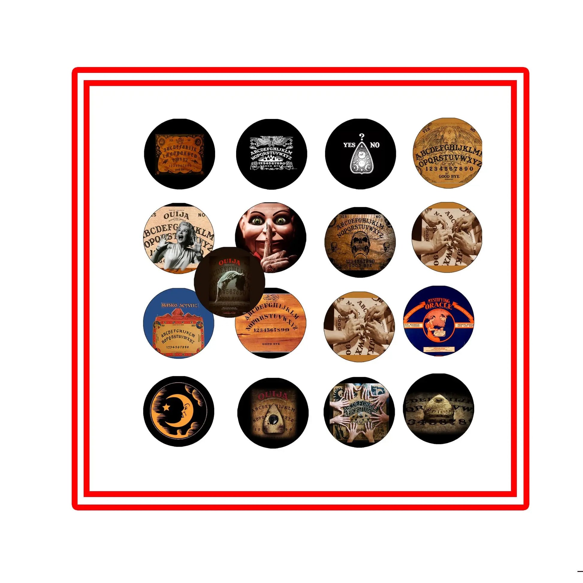 12-piece set of round pinback buttons with spooky occult designs
