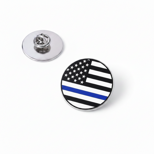 Round USA flag blue line lapel pin, star-and-stripe design with silver clutch back