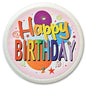 Round Happy Birthday pinback button with colorful lettering and purple balloon graphic