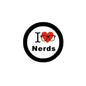 Nerds pinback badge with black ring, red heart bow, and glasses graphic