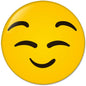 2.25-inch yellow smiley face pinback button with black eyes and smile