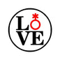 Love sign pinback button with black “LOVE” letters and red gender symbols
