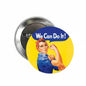 Rosie Riveter pinback button with 'We Can Do It!' graphic and Rosie in blue