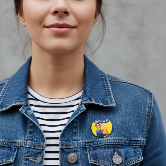 A close-up of a person wearing a round pin badge on a blue denim jacket over a black and white striped shirt, against a gray textured background.