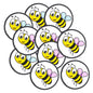 Set of cartoon honeybee pinback buttons, round white faces with yellow black stripes
