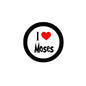 Round black-bordered button pin brooch with "I ♥ Moses" design