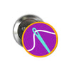 Round pinback button with purple needle symbol and turquoise thread graphic