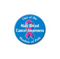 Blue breast cancer awareness button pin with pink ribbon and quote 'Out of the Shadow'.