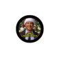 Black pinback button with Clark Griswold portrait wearing a Santa hat and Christmas graphics