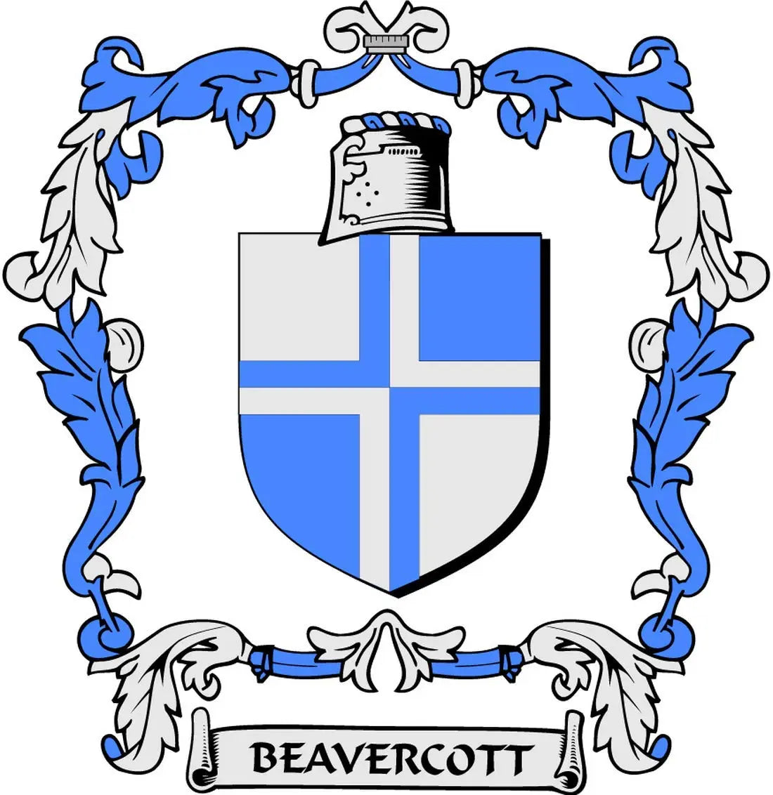 Round coat of arms fridge pin with blue-and-white crest and BEAVERCOTT ribbon