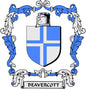 Round coat of arms fridge pin with blue-and-white crest and BEAVERCOTT ribbon